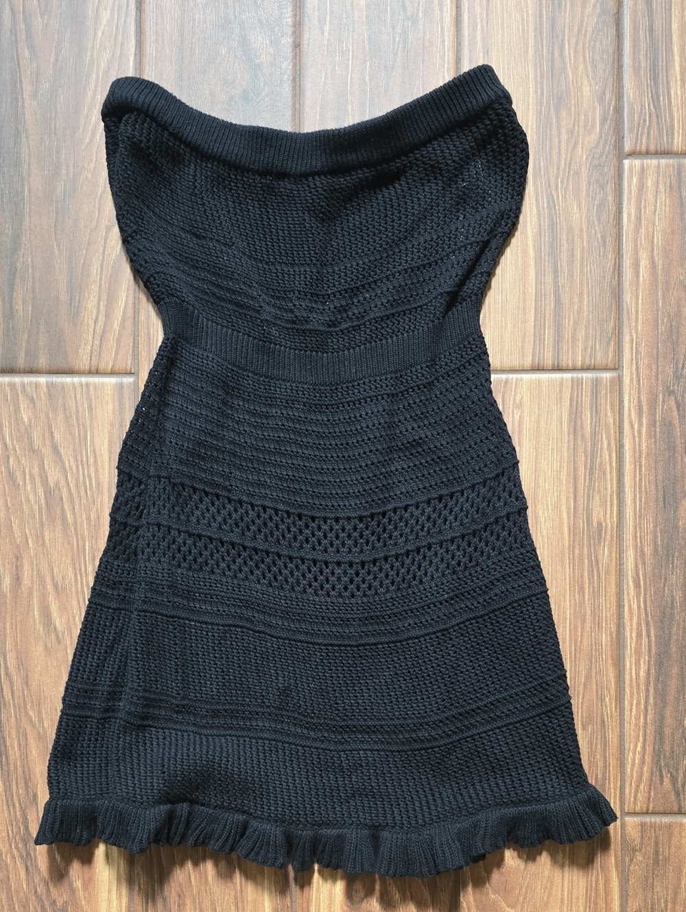 Lulu's Black Strapless Knit A-Line Swim Coverup with Ruffle Hem